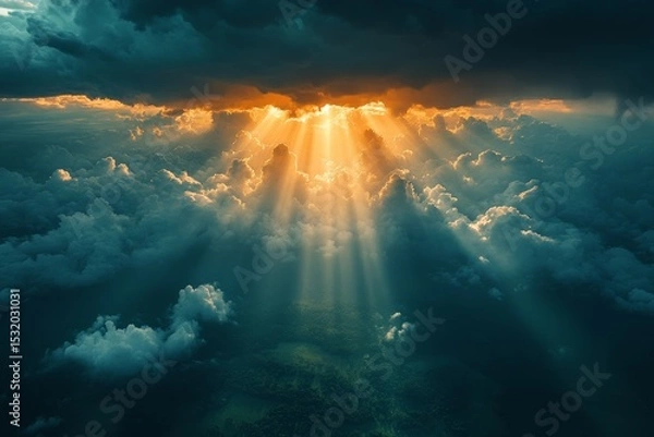 Fototapeta Sunlight breaks through the clouds. Generative AI