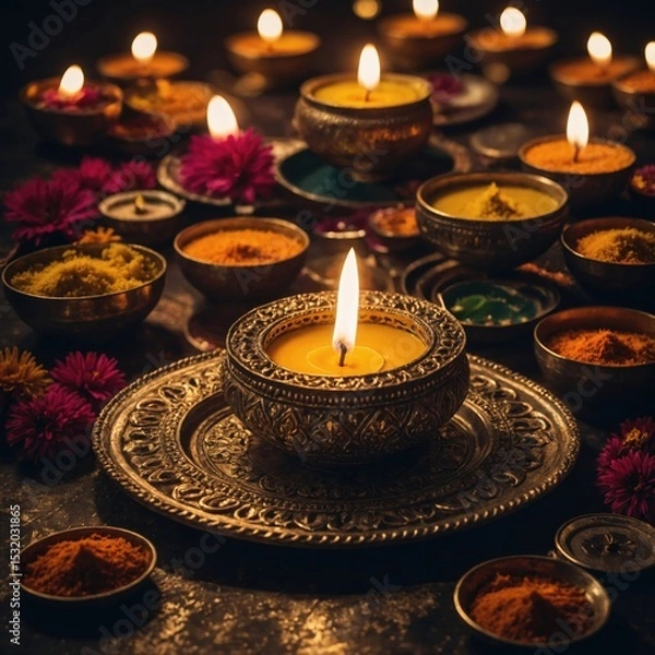 Obraz Arrangement of Lit Candles and Powdered Pigments in Decorative Bowls
