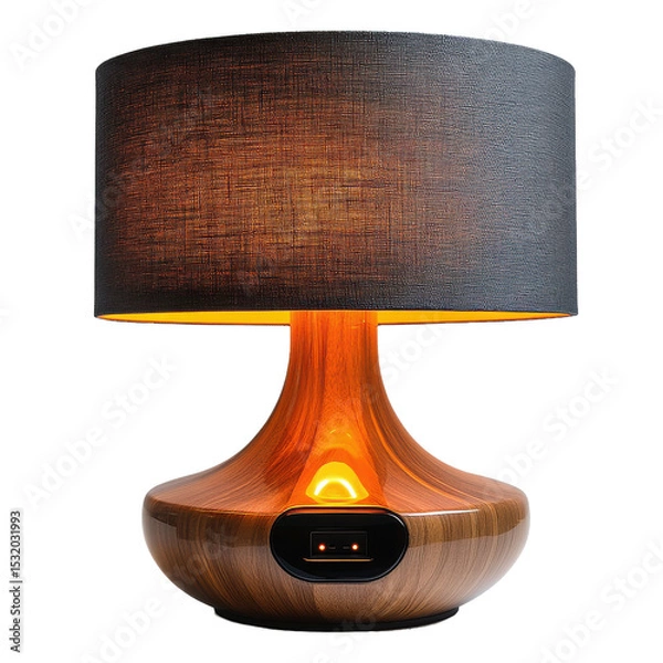 Obraz A lamp with a wooden base and a fabric lampshade lit up on transparent background