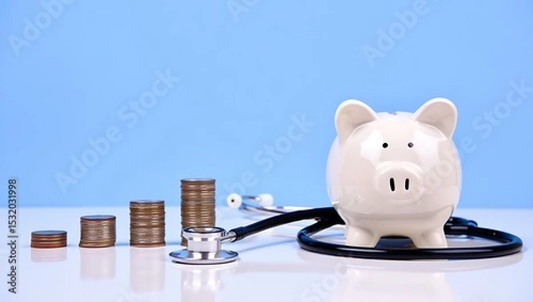 Fototapeta Saving for Healthcare: Piggy Bank and Coins with Stethoscope