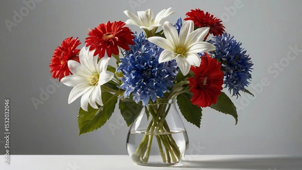Obraz A vibrant bouquet of red, white, and blue flowers arranged in a clear glass vase, evoking a patriotic and celebratory atmosphere