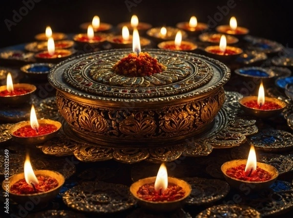Obraz Ornate Candles Glowing in Festive Bowls Surrounding a Decorated Container