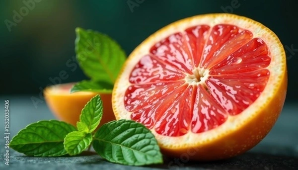 Obraz Grapefruit half, mint leaves, water droplets Zesty citrus burst , organic, isolated