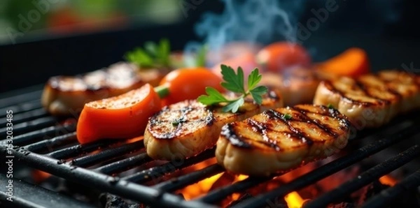 Obraz Grilled meats and assorted vegetables sizzle on hot grill grates , barbecue, meal