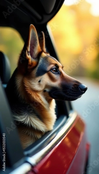 Obraz GSD enjoying a car ride, head and ears out window , journey, car window