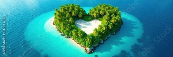 Obraz Heart-shaped island paradise, lush vegetation, turquoise water, green, idyllic