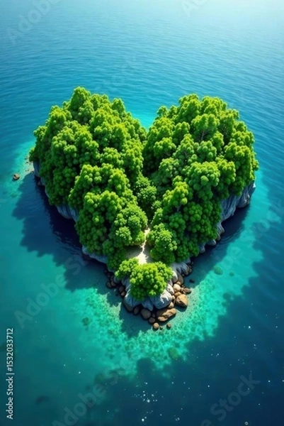 Obraz Heart-shaped island, lush vegetation, turquoise water, high angle view, serenity