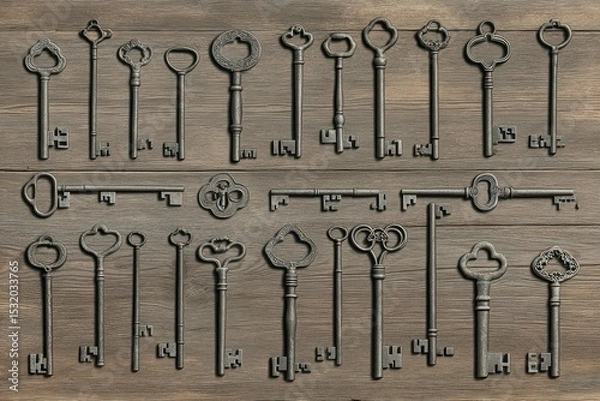 Fototapeta An assortment of antique-style keys displayed on a wooden surface.