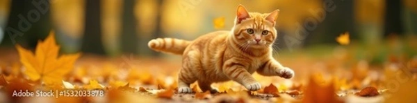 Obraz Hilarious ginger cat floats amidst falling leaves , autumn leaves, flight