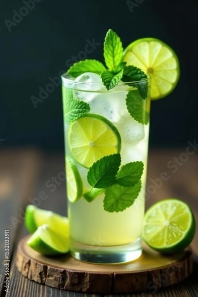 Obraz Iced mojito, lime wedges, mint sprigs on rustic wood, photography, drink