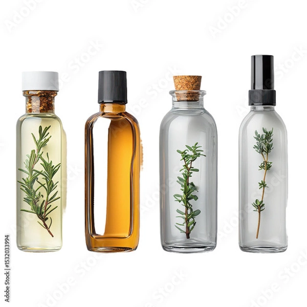Obraz Four bottles containing herbs and liquid in a row shot on transparent background