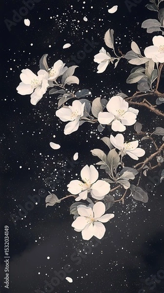Obraz Traditional Chinese black background white flower tree branch illustration poster background