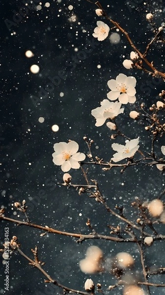 Obraz Traditional Chinese black background white flower tree branch illustration poster background