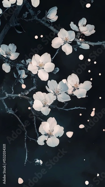 Obraz Traditional Chinese black background white flower tree branch illustration poster background