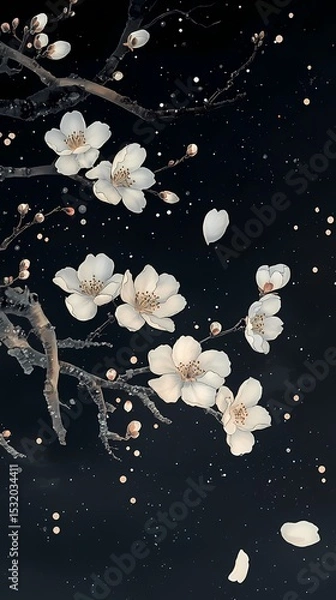 Obraz Traditional Chinese black background white flower tree branch illustration poster background