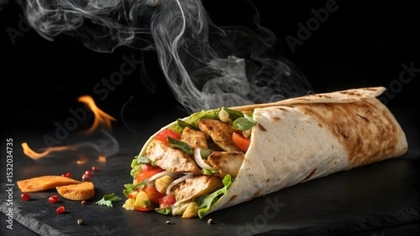 Obraz Delicious Chicken Wrap with Fresh Vegetables and Smoky Aroma