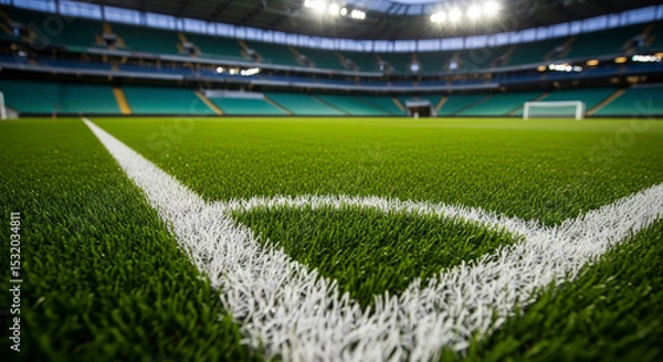 Fototapeta Close Up View Of A Green Artificial Turf Soccer Field Corner With White Lines And Empty Stadium Background