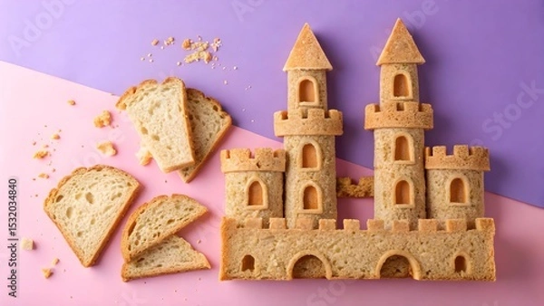 Obraz Creative Bread Castle on Colorful Background with Slices Nearby