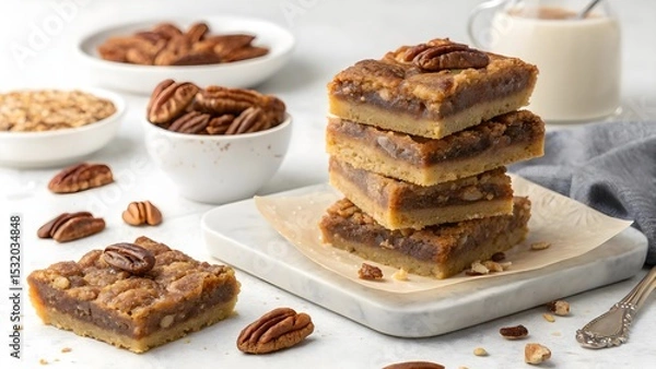 Obraz Delicious Pecan Bars Stacked on a White Plate with Nuts and Oatmeal