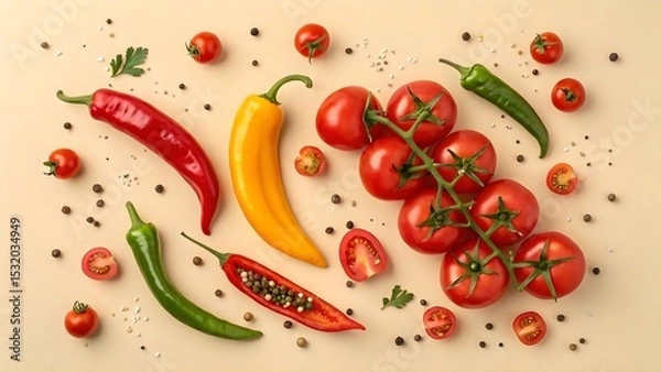 Obraz Fresh Red and Green Vegetables with Spices for Healthy Cooking