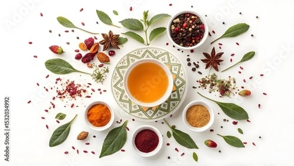 Obraz Colorful arrangement of spices and herbal tea on a white background