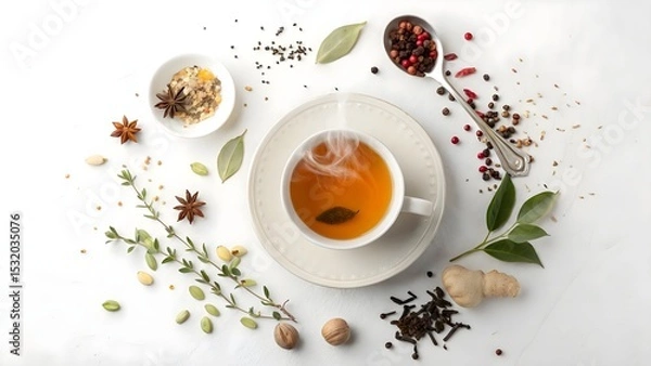 Obraz Aromatic Herbal Tea with Spices and Fresh Ingredients on White Surface