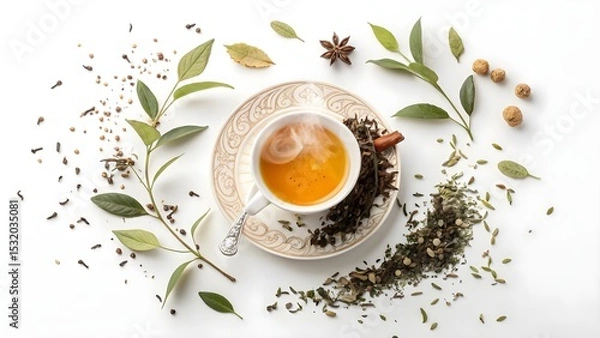 Obraz Aromatic Herbal Tea with Fresh Leaves and Spices on White Background