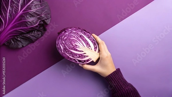 Obraz Hands Holding Cut Red Cabbage on Purple Background in a Stylish Setup
