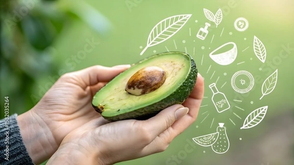 Obraz Fresh Avocado in Hand with Botanical Illustrations and Elements