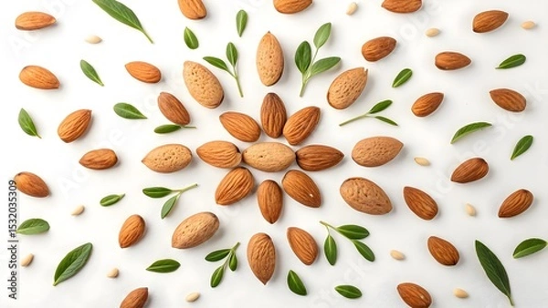 Obraz Almonds and Green Leaves Arranged in a Beautiful Pattern on White