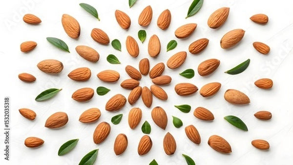 Obraz Almonds Arranged in Spiraled Pattern with Green Leaves on White Background