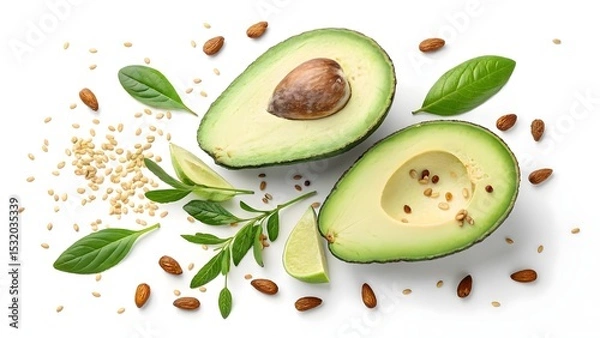 Obraz Fresh Avocado Halves with Green Leaves and Nuts on White Background