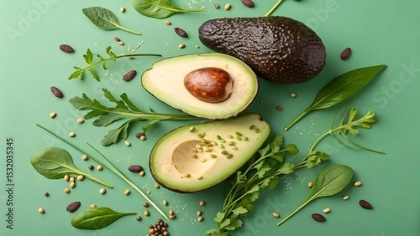 Obraz Fresh Avocado Halves Surrounded by Green Herbs and Seeds on Background
