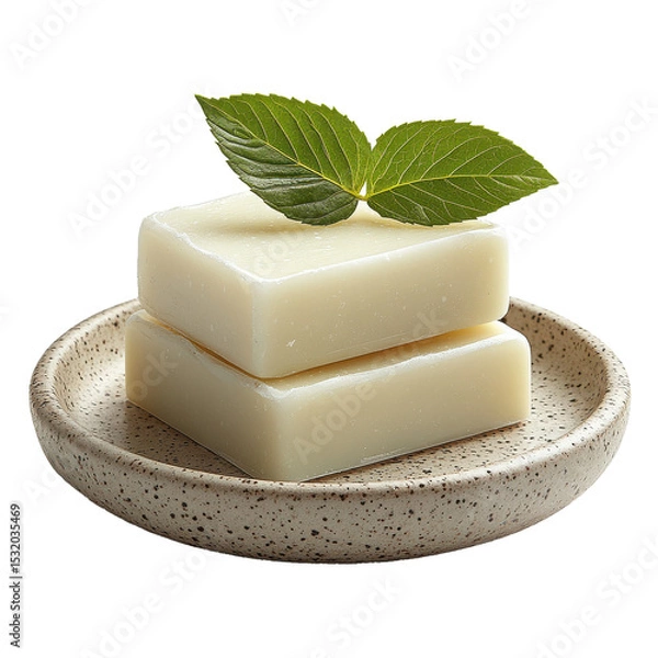 Obraz Two soaps stacked with leaves sitting atop ceramic plate on transparent background