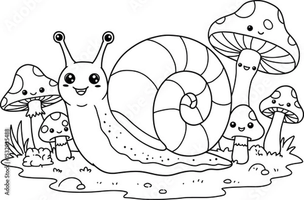 Fototapeta A whimsical coloring page featuring an adorable, happy snail on a journey through a magical forest, surrounded by a family of cute, smiling mushroom friends as gentle autumn leaves fall from above.
