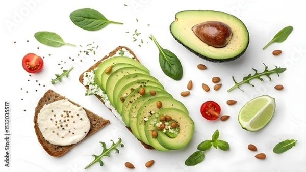 Obraz Fresh Avocado Toast with Healthy Ingredients on White Background