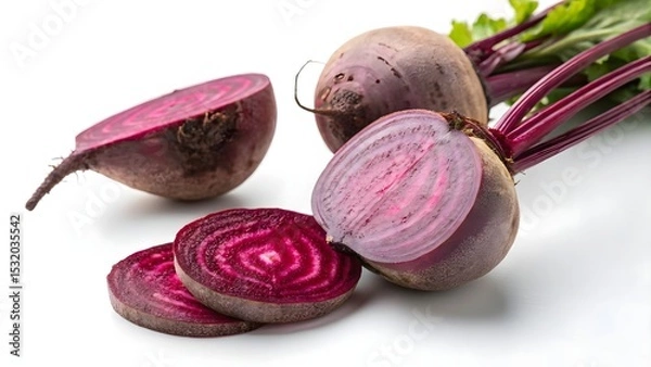 Obraz Fresh Beetroots with Slices and Green Leaves on White Background