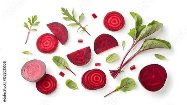 Obraz Fresh Red Beetroot Slices and Green Leaves Isolated on White Background