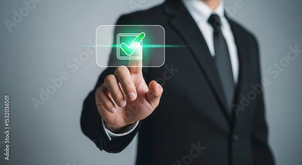 Fototapeta Businessman Touching Digital Button with Checkmark in Black Suit