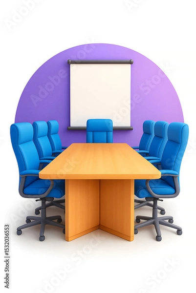 Obraz 3D Caricature of Conference Room Setup – Vector Illustration with Table, Chairs & Meeting Essentials