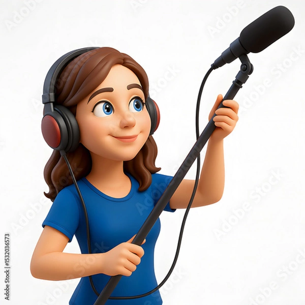 Obraz 3D Caricature of Female Sound Engineer – Movie Studio Microphone Operator, Movie Sound Recording 3D Cartoon – Female Studio Technician