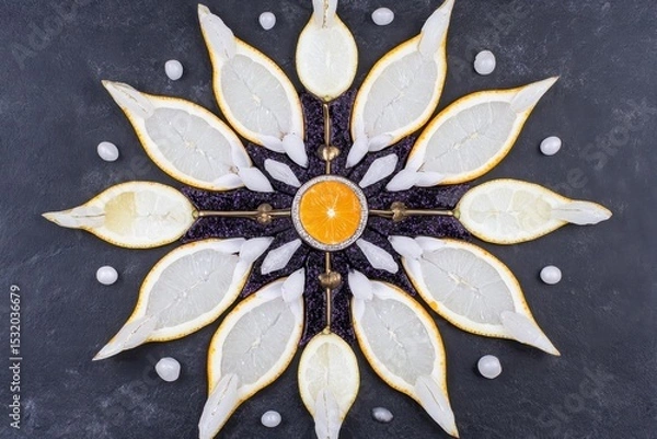 Fototapeta A symmetrical arrangement of citrus slices and small stones.