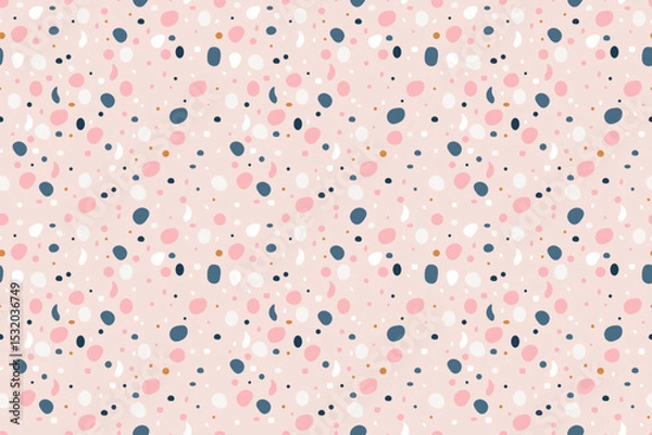 Obraz Beautiful seamless pattern with colorful uneven polka dots on  delicate pink background. Abstract spots. For backgrounds, wallpapers, textiles, packaging, or  website.