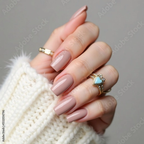 Fototapeta The image showcases elegant nude-pink manicured nails and a gold ring adorned with a heart-shaped gemstone, complemented by a cozy white sweater sleeve.