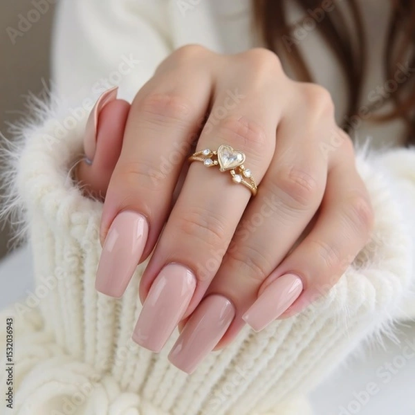 Fototapeta The image showcases elegant nude-pink manicured nails and a gold ring adorned with a heart-shaped gemstone, complemented by a cozy white sweater sleeve.
