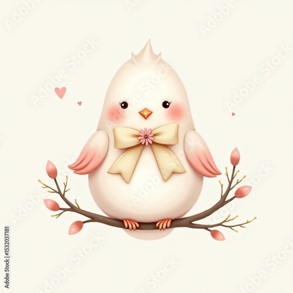 Fototapeta bird with pink wings, a yellow bow around its neck, and a cheerful expression, perched on a blossoming branch.  