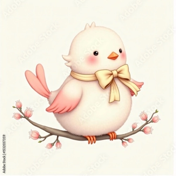 Fototapeta bird with pink wings, a yellow bow around its neck, and a cheerful expression, perched on a blossoming branch.  