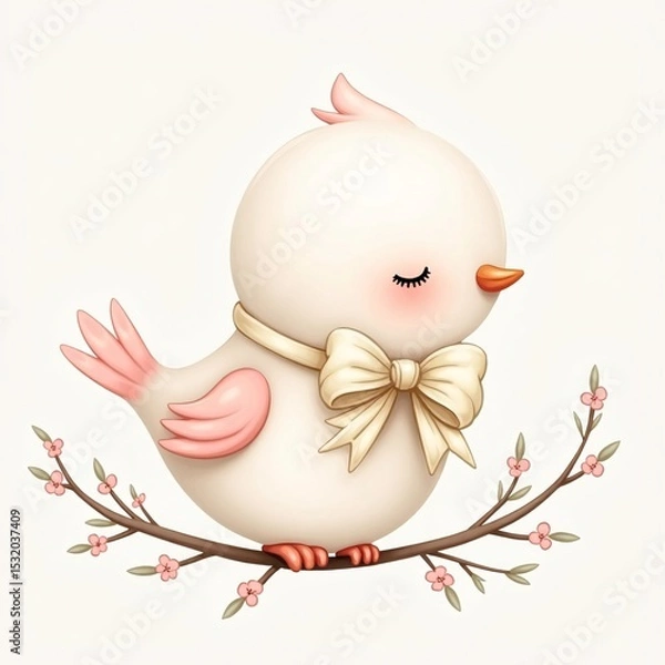 Fototapeta bird with pink wings, a yellow bow around its neck, and a cheerful expression, perched on a blossoming branch.  
