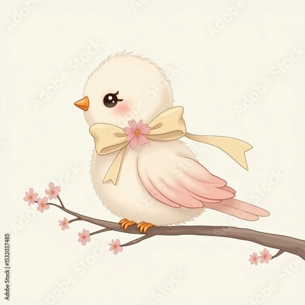 Fototapeta bird with pink wings, a yellow bow around its neck, and a cheerful expression, perched on a blossoming branch.  
