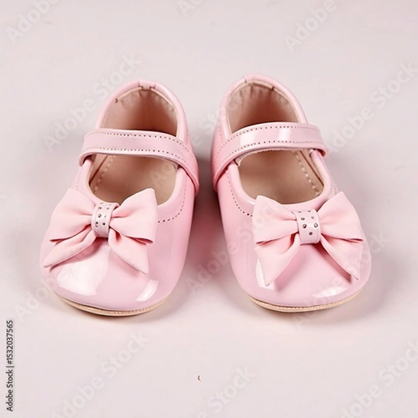 Fototapeta elegant pink baby shoes with adorable bows and a glossy finish, designed for comfort and style.  
